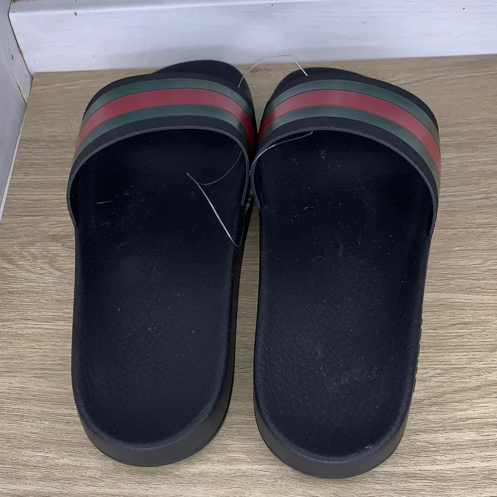 Gucci Black Slides with Red and Green Web Stripe